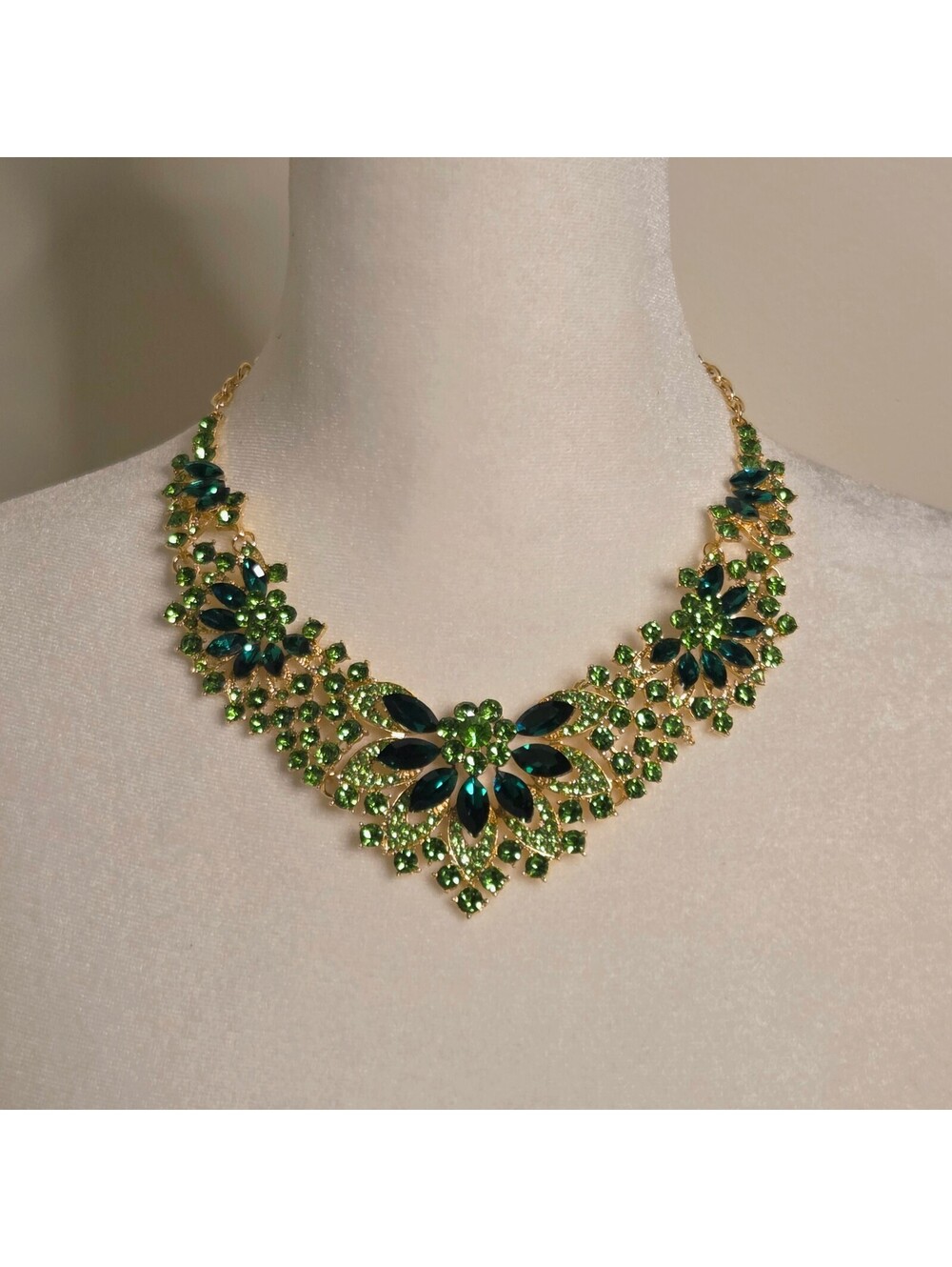 Fairy Goddess Emerald & Peridot Green Rhinestone Floral Statement Bib Necklace